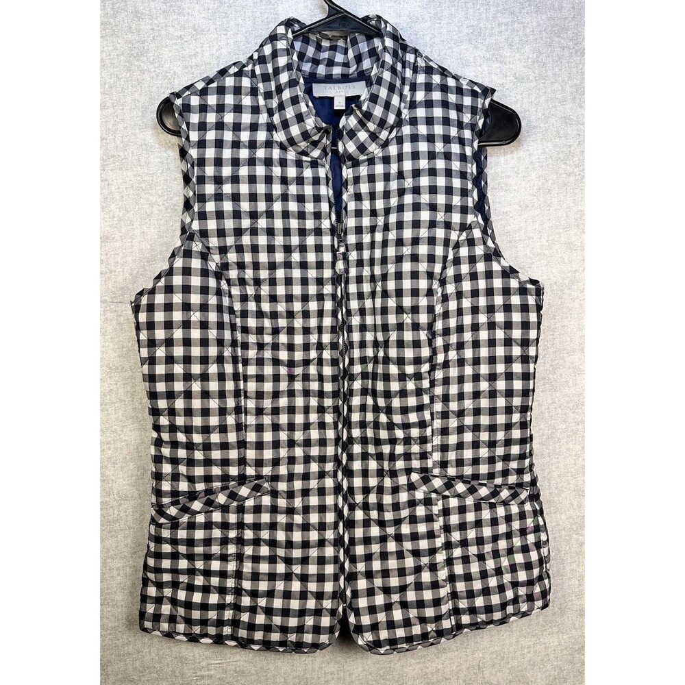 Talbots Vest Women’s S Black White Gingham Plaid Quilted Puffer Western Preppy